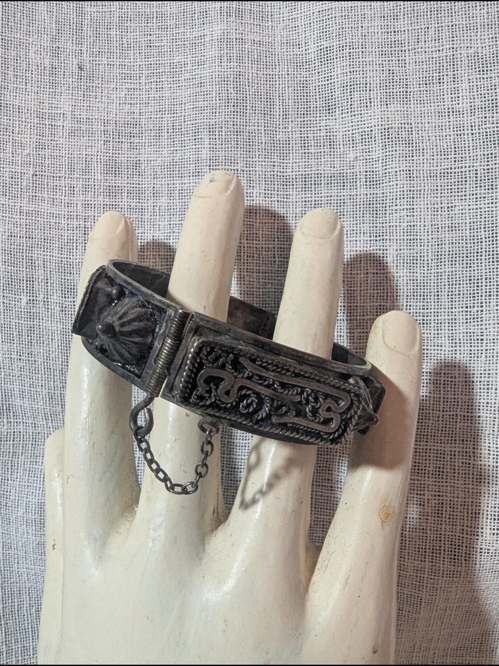 Antique-Style Black Filigree Hinged Ethnic Bangle Bracelet Cuff